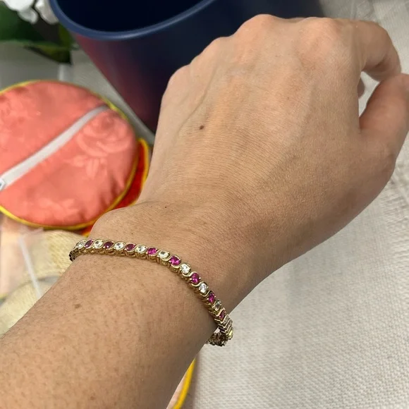 Vintage Gold Over 925 Sterling Silver Ruby & CZ Tennis Bracelet - Picture 13 of 16